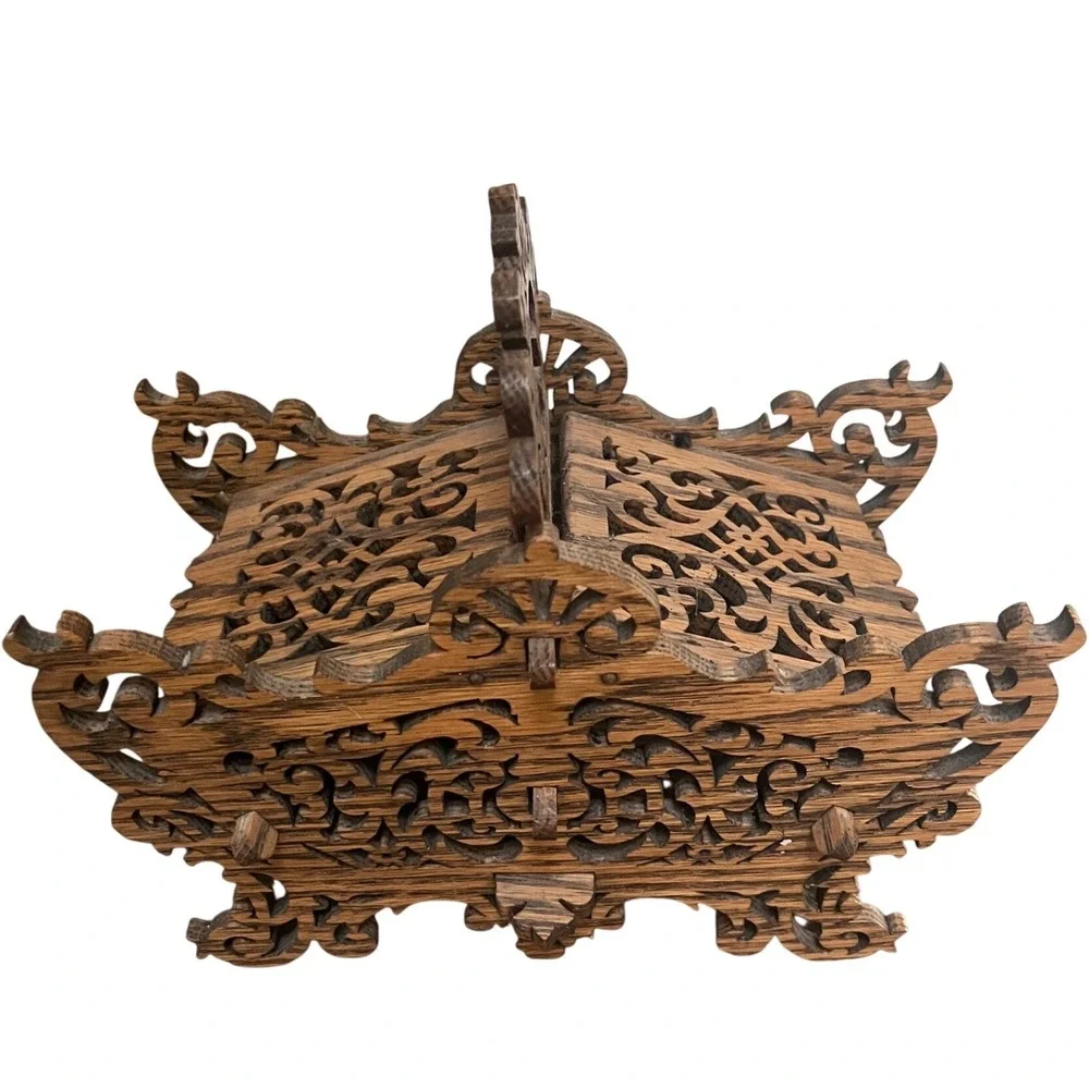 Folk art Handmade fretwork wooden basket hinged compartments‎ signed